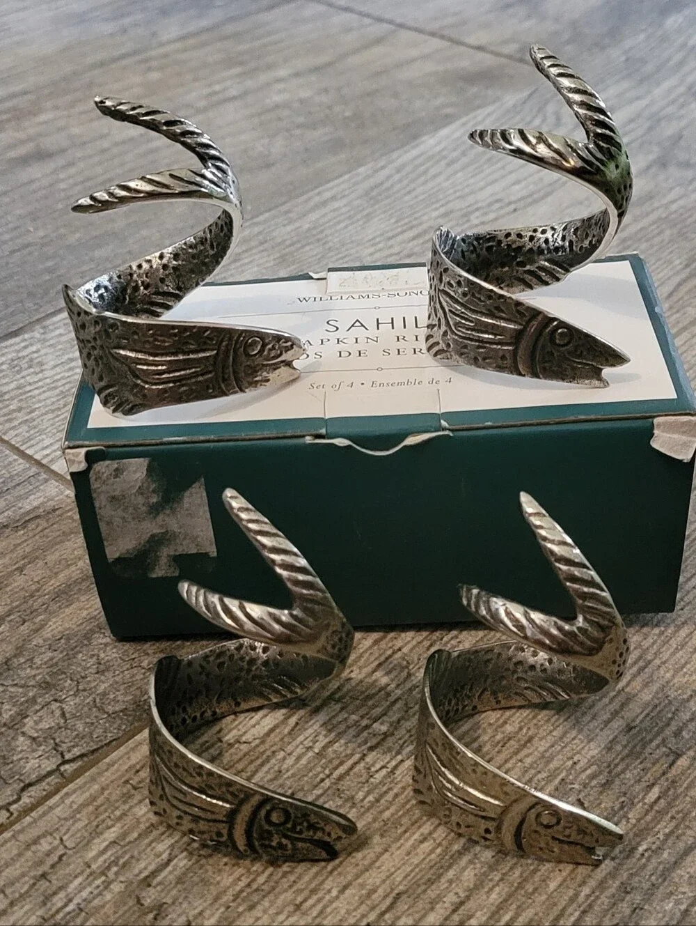 Williams Sonoma Sahil Swimming Fish Napkin Rings Antique Silver Finish Set of 4